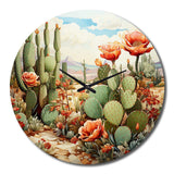 Coral Green Cactus Desert Blooms Pointillism III - Floral Metal Wall Clock