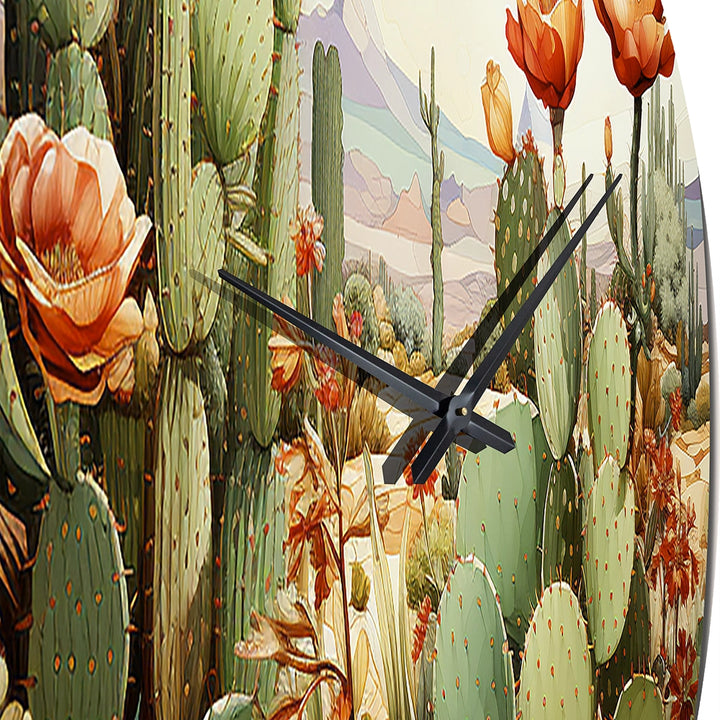 Coral Green Cactus Desert Blooms Pointillism III - Floral Metal Wall Clock