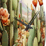 Coral Green Cactus Desert Blooms Pointillism III - Floral Metal Wall Clock