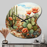 Coral Green Cactus Desert Blooms Pointillism III - Asymmetric Metal Wall Clock