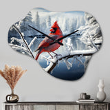 Canada Red Cardinal Bird Winter Wonderland V - Asymmetric Metal Wall Clock