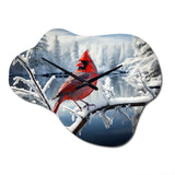 Canada Red Cardinal Bird Winter Wonderland V - Asymmetric Metal Wall Clock