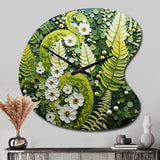 Light Green Ferns Plant Whimsical Spirals I - Asymmetric Metal Wall Clock
