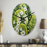 Light Green Ferns Plant Whimsical Spirals I - Asymmetric Metal Wall Clock