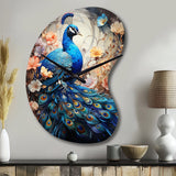 Blue Coral Indian Art Dancing Peacock I - Asymmetric Metal Wall Clock