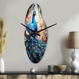 Blue Coral Indian Art Dancing Peacock I - Asymmetric Metal Wall Clock