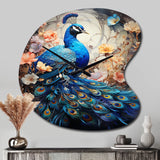 Blue Coral Indian Art Dancing Peacock I - Asymmetric Metal Wall Clock
