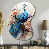 Blue Coral Indian Art Dancing Peacock II - Asymmetric Metal Wall Clock
