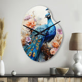 Blue Coral Indian Art Dancing Peacock II - Asymmetric Metal Wall Clock