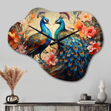 Blue Coral Indian Art Dancing Peacocks I - Asymmetric Metal Wall Clock