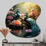 Teal Coral Indian Art Dancing Peacocks - Asymmetric Metal Wall Clock