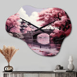 Japon Art Cherry Blossom Pink Bridge - Asymmetric Metal Wall Clock