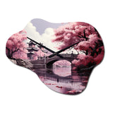 Japon Art Cherry Blossom Pink Bridge - Asymmetric Metal Wall Clock