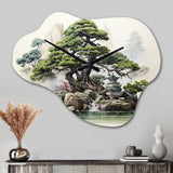 Japon Art Meditative Green Bonsai II - Asymmetric Metal Wall Clock