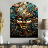 Gold Teal Mexico Vibrant Aztec Mask II - Asymmetric Metal Wall Clock