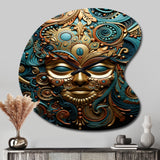 Gold Teal Mexico Vibrant Aztec Mask II - Asymmetric Metal Wall Clock
