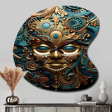 Gold Teal Mexico Vibrant Aztec Mask II - Asymmetric Metal Wall Clock