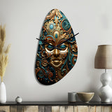 Gold Teal Mexico Vibrant Aztec Mask II - Asymmetric Metal Wall Clock