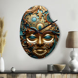 Gold Teal Mexico Vibrant Aztec Mask II - Asymmetric Metal Wall Clock