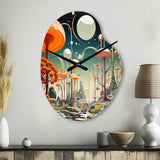 Colorful Mid Century Midcentury Mushroom Dreams I - Asymmetric Metal Wall Clock