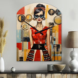Mid Century Retro Woman Portrait V - Asymmetric Metal Wall Clock