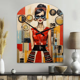 Mid Century Retro Woman Portrait V - Asymmetric Metal Wall Clock