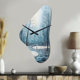 Blue White Modern Scandinavian Winter Pointillism VI - Asymmetric Metal Wall Clock