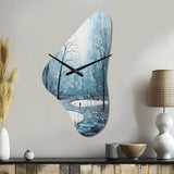 Blue White Modern Scandinavian Winter Pointillism VI - Asymmetric Metal Wall Clock