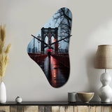Red Grey New York Brooklyn Bridge I - Asymmetric Metal Wall Clock