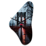 Red Grey New York Brooklyn Bridge I - Asymmetric Metal Wall Clock