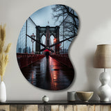 Red Grey New York Brooklyn Bridge I - Asymmetric Metal Wall Clock