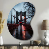 Red Grey New York Brooklyn Bridge I - Asymmetric Metal Wall Clock