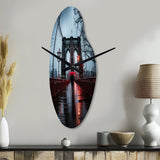 Red Grey New York Brooklyn Bridge I - Asymmetric Metal Wall Clock