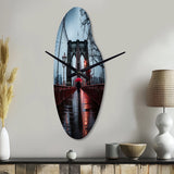 Red Grey New York Brooklyn Bridge I - Asymmetric Metal Wall Clock