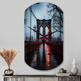Red Grey New York Brooklyn Bridge I - Asymmetric Metal Wall Clock