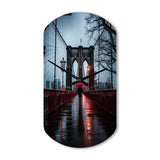 Red Grey New York Brooklyn Bridge I - Asymmetric Metal Wall Clock