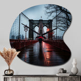 Red Grey New York Brooklyn Bridge I - Asymmetric Metal Wall Clock