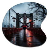 Red Grey New York Brooklyn Bridge I - Asymmetric Metal Wall Clock