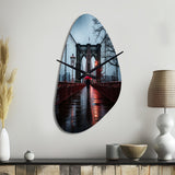 Red Grey New York Brooklyn Bridge I - Asymmetric Metal Wall Clock