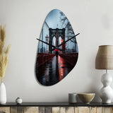 Red Grey New York Brooklyn Bridge I - Asymmetric Metal Wall Clock