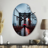 Red Grey New York Brooklyn Bridge I - Asymmetric Metal Wall Clock