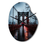 Red Grey New York Brooklyn Bridge I - Asymmetric Metal Wall Clock