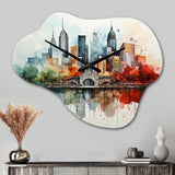 Colorful NYC Cityscape Watercolor I - Asymmetric Metal Wall Clock