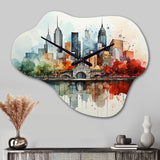 Colorful NYC Cityscape Watercolor I - Asymmetric Metal Wall Clock