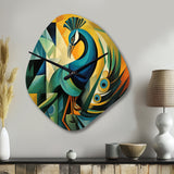 Green Blue Peacock Cubist - Asymmetric Metal Wall Clock