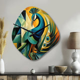 Green Blue Peacock Cubist - Asymmetric Metal Wall Clock