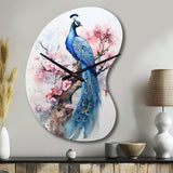 Blue Pink Peacock Watercolor I - Asymmetric Metal Wall Clock