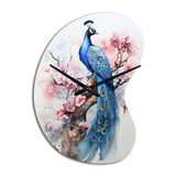 Blue Pink Peacock Watercolor I - Asymmetric Metal Wall Clock