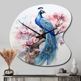 Blue Pink Peacock Watercolor I - Asymmetric Metal Wall Clock