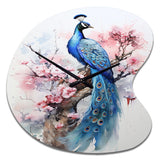 Blue Pink Peacock Watercolor I - Asymmetric Metal Wall Clock
